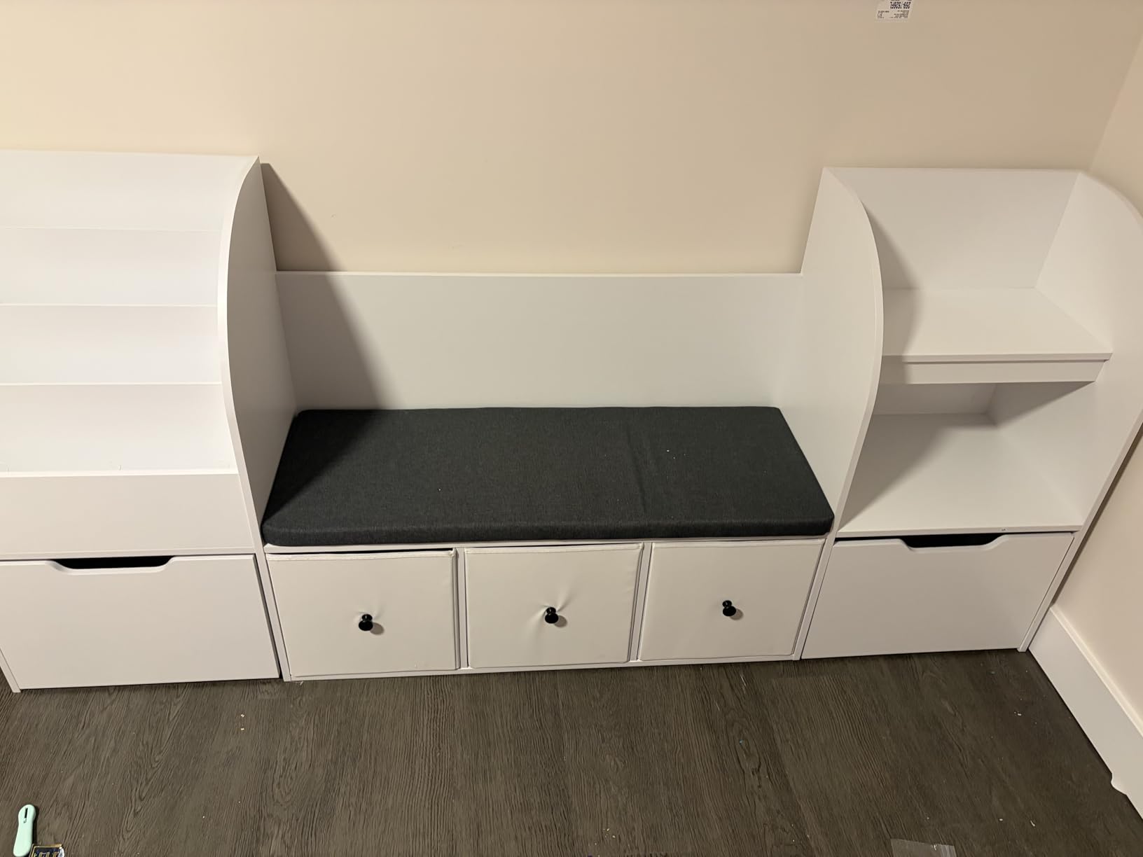 FOTOSOK Kids Bookshelf with Reading Nook, Toy Organizer with Seat Cushion | 71'' Kids Bookshelf with 2 Movable Drawers and 3 Fabric Toy Chests, Kids Reading Nook with Bench for Playroom, Green customer photo 2