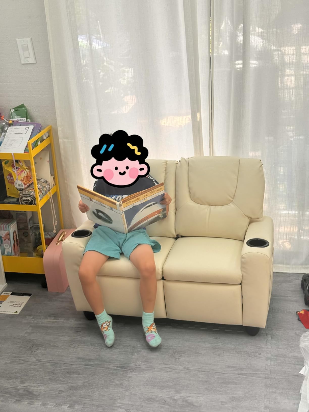 Costzon 2-Seater Kids Recliner, Double Toddler Sofa Chair w/2 Cup Holders & 2 Side Storage Pockets, PU Leather Kids Loveseat Couch w/Adjustable Backrest & Footrest for Girls & Boys 3+ Years Old customer photo 2
