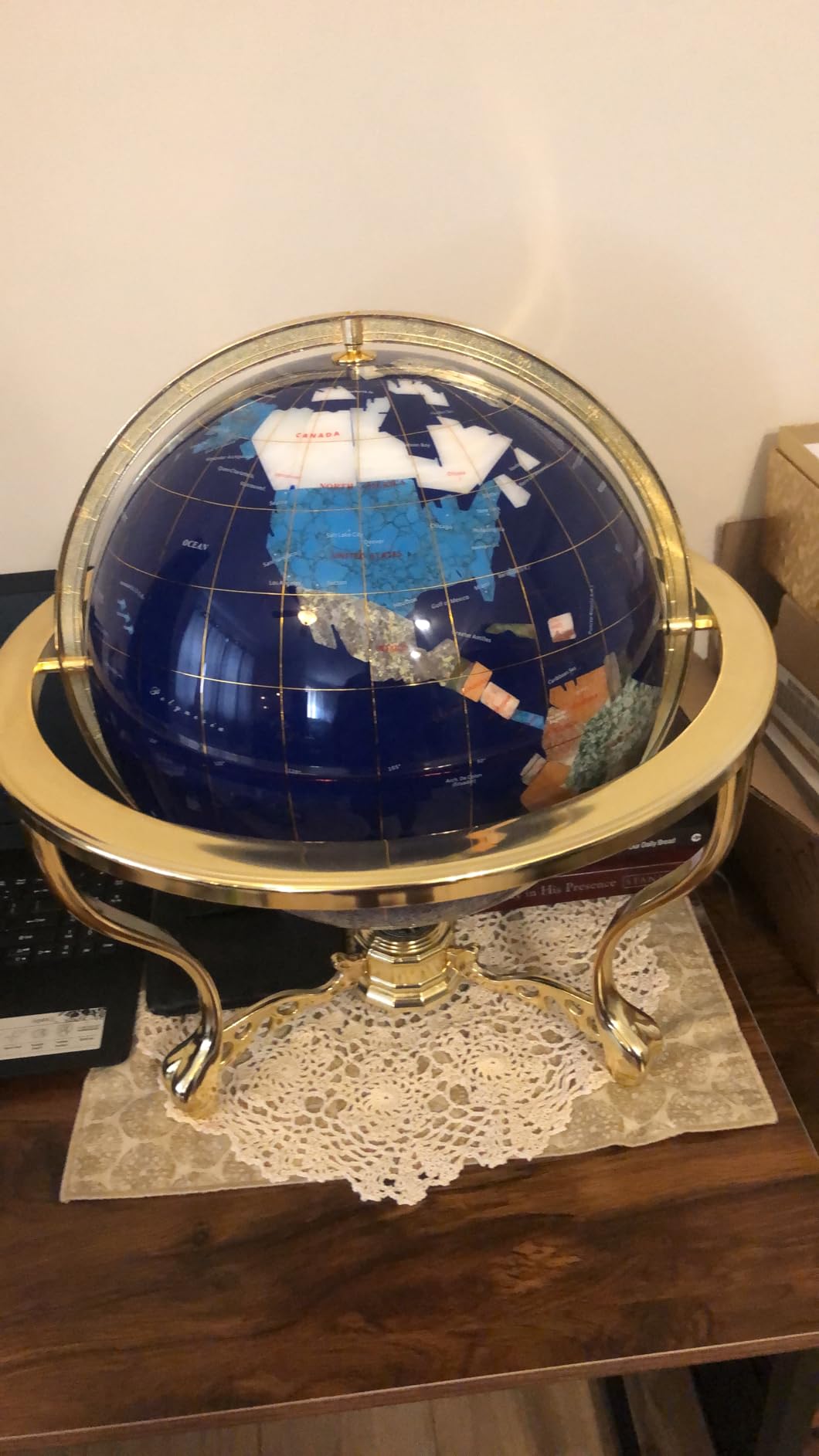 Unique Art 21-Inch Tall Blue Lapis Ocean Table Top Gemstone World Globe with Gold Tripod customer photo 1