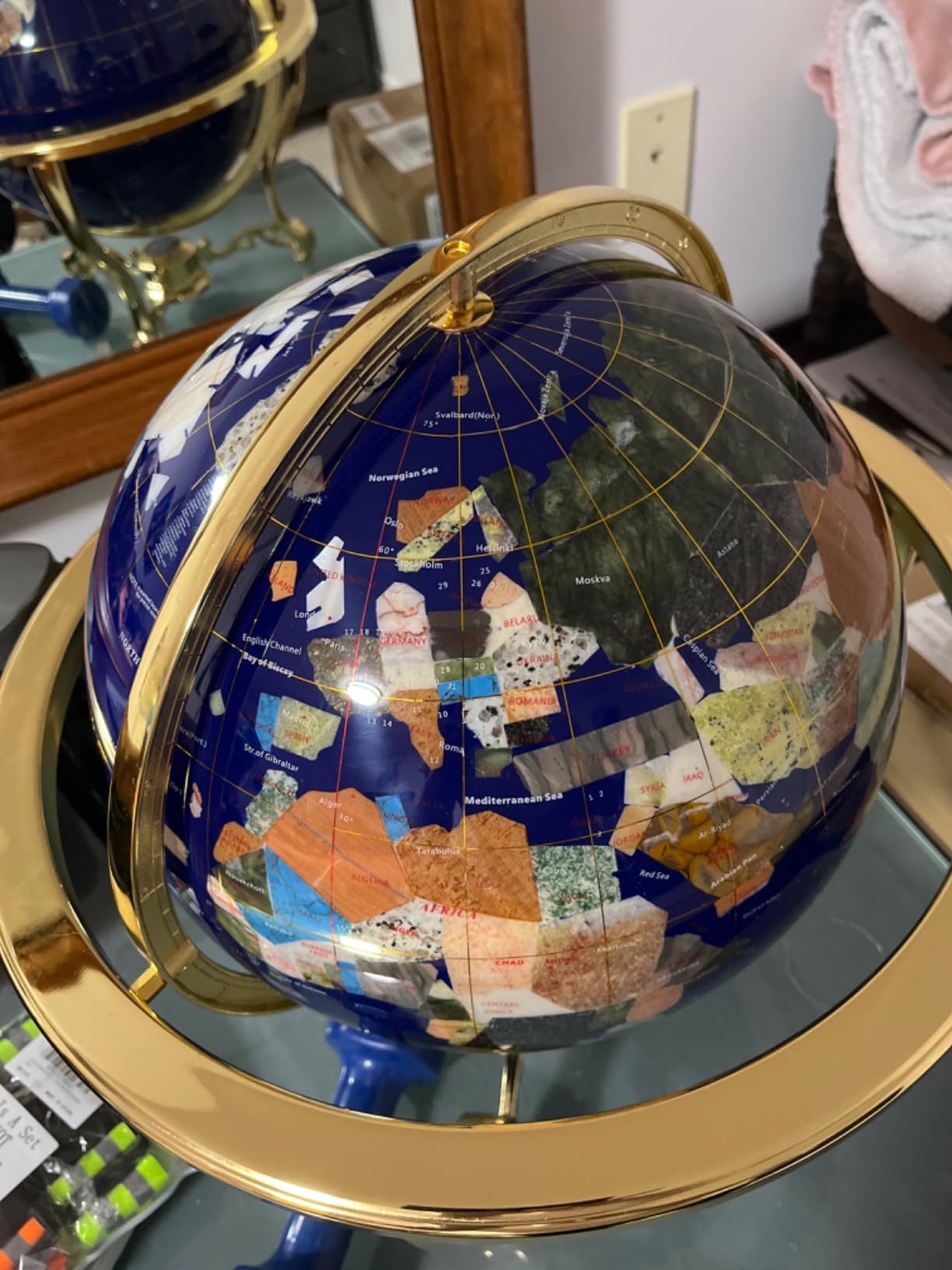 Unique Art 21-Inch Tall Blue Lapis Ocean Table Top Gemstone World Globe with Gold Tripod customer photo 2