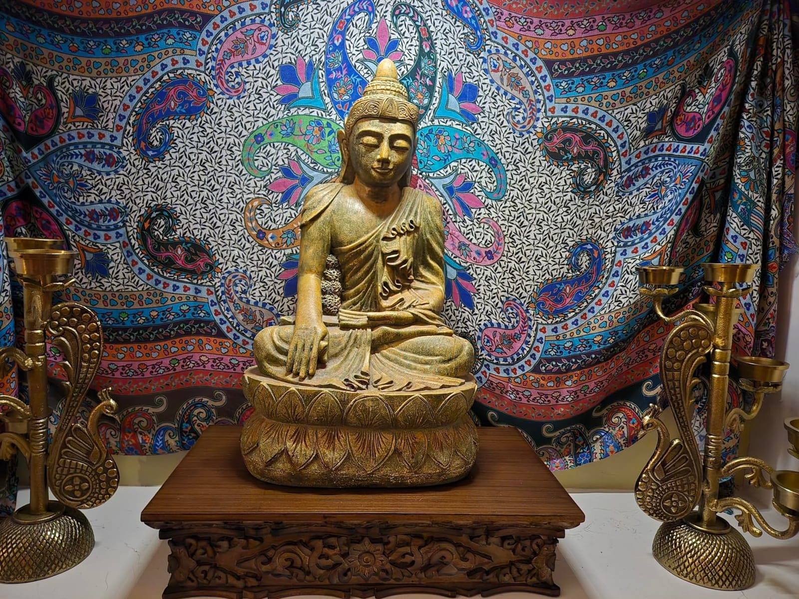 DharmaObjects Solid Indian Elm Wood Hand Carved Shrine Altar Meditation Table (Small, Dark) customer photo 2