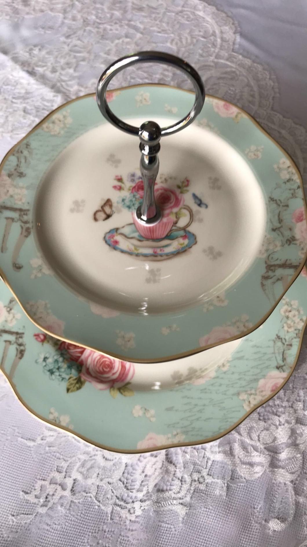 Elegant Bone China Rose Pattern 2-tier Cake Stand/ Cupcake Stand/ Pastry Serving Cake Stand In Gift Box (Rose B) customer photo 2