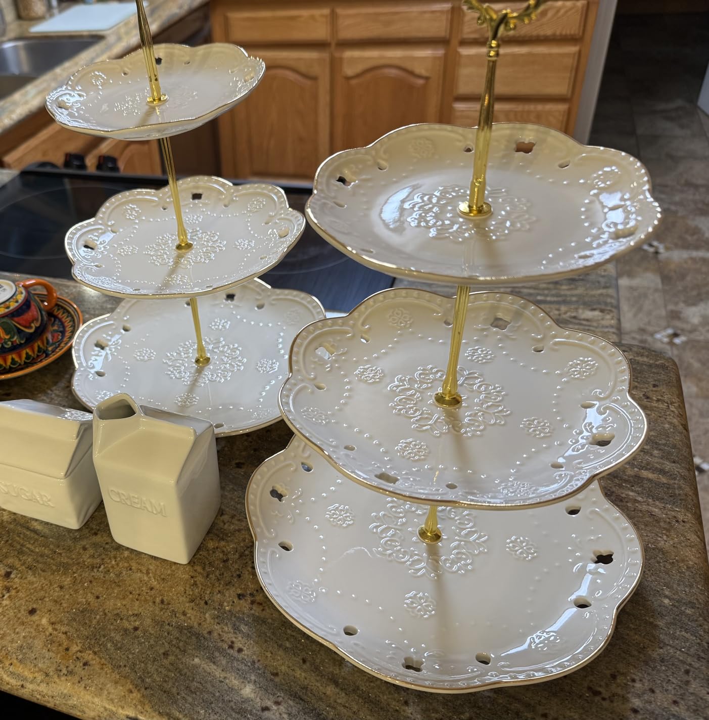 3-Tier Porcelain Embossed Cupcake Stand - Pure White Rimmed with Gold Dessert Cake Stand - Pastry Serving Tray Platter for Tea Party, Wedding and Birthday customer photo 2
