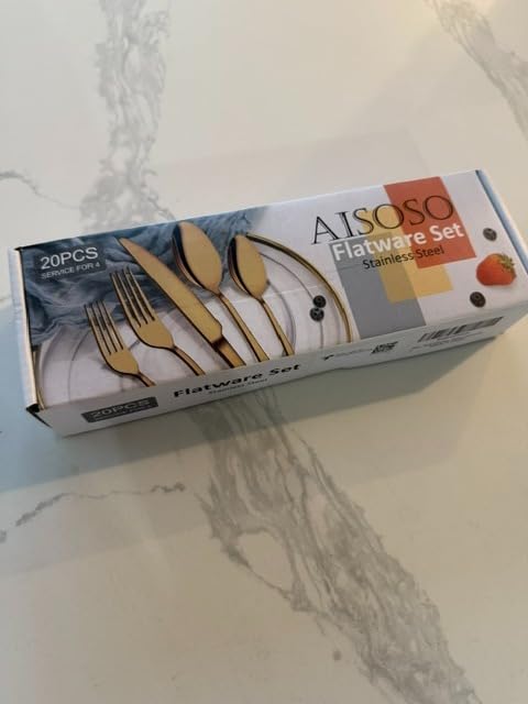 Aisoso Gold Silverware Set, 20-Piece Flatware Set Service for 4 customer photo 1
