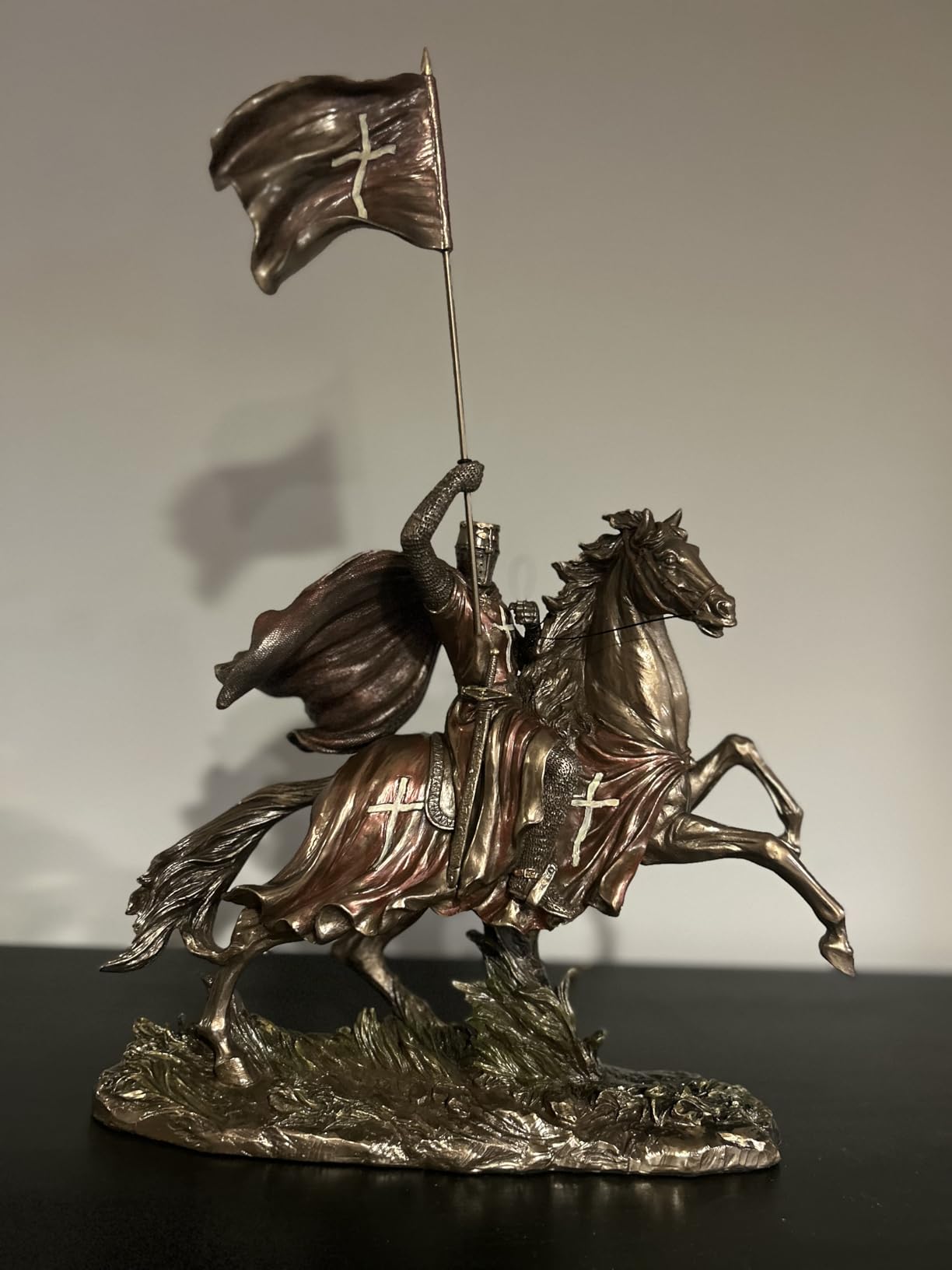 Veronese Design 14 3/4 Inch Medieval Times Crusades Templar Knight on Horse Holding Flag Antique Bronze Color customer photo 1