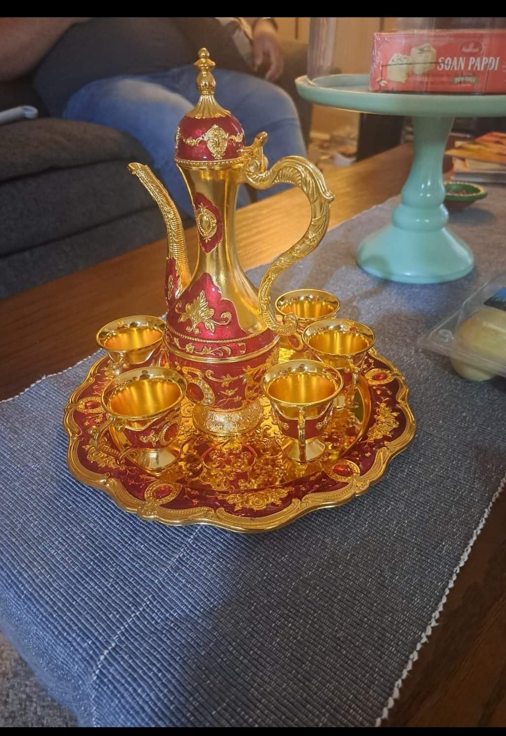 Tea Service Set with Tray and Cups, Vintage Tea Cup Set Turkish Coffee Cup Set, Vintage Coffee Pot with Shiny Crystal Tray and 6 Cups for Home Party Table Decor customer photo 1