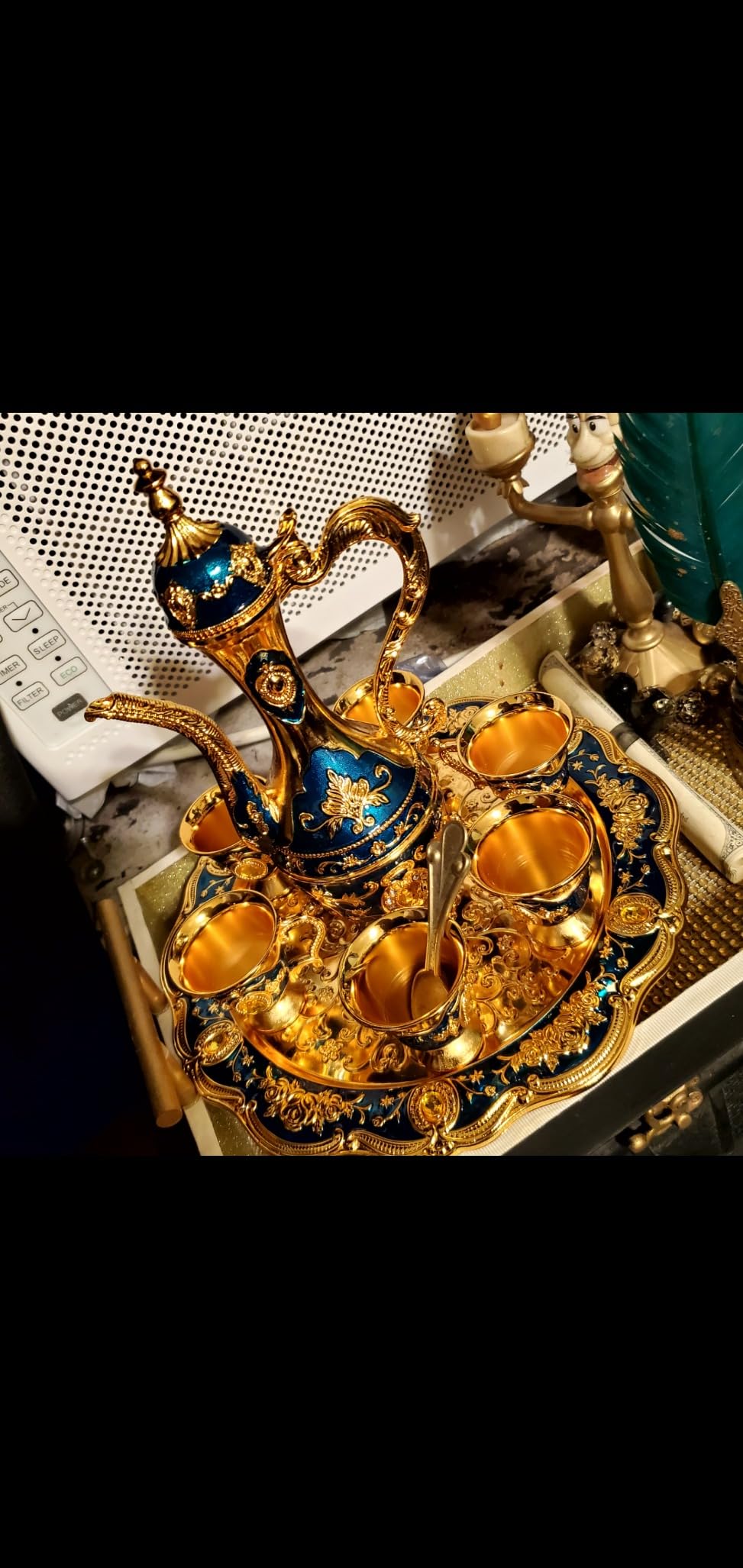 Tea Service Set with Tray and Cups, Vintage Tea Cup Set Turkish Coffee Cup Set, Vintage Coffee Pot with Shiny Crystal Tray and 6 Cups for Home Party Table Decor customer photo 2