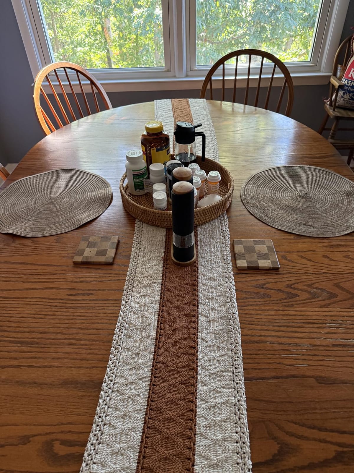 13.8 inch Round Rattan Tray, Decorative Coffee Table Tray, Ottoman Tray, Woven Serving Tray with Handles, Wicker Serving Basket, Whitewash customer photo 1