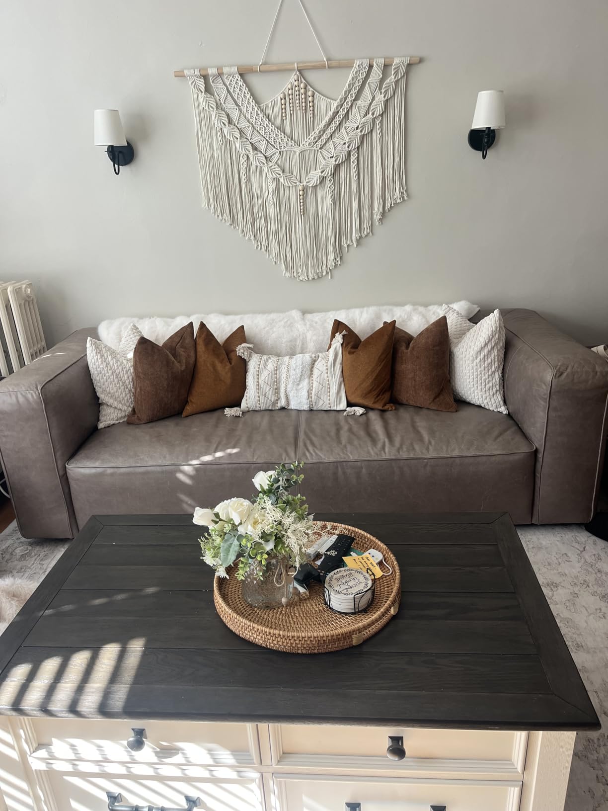 13.8 inch Round Rattan Tray, Decorative Coffee Table Tray, Ottoman Tray, Woven Serving Tray with Handles, Wicker Serving Basket, Whitewash customer photo 2