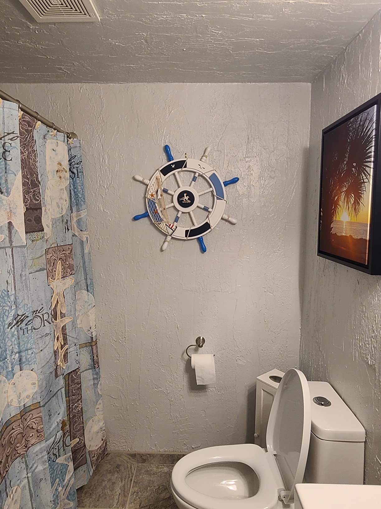WENDIN Nautical Ship Wheel Wall Decor, 18 in, White and Turquoise, Beach Theme with Seashells and Fish Net (18 inch deep blue) customer photo 2