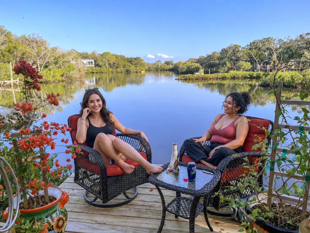 Patio Furniture Set 3 Pieces, Outdoor Swivel Glider Rocker Bistro Set, Blue customer photo 2