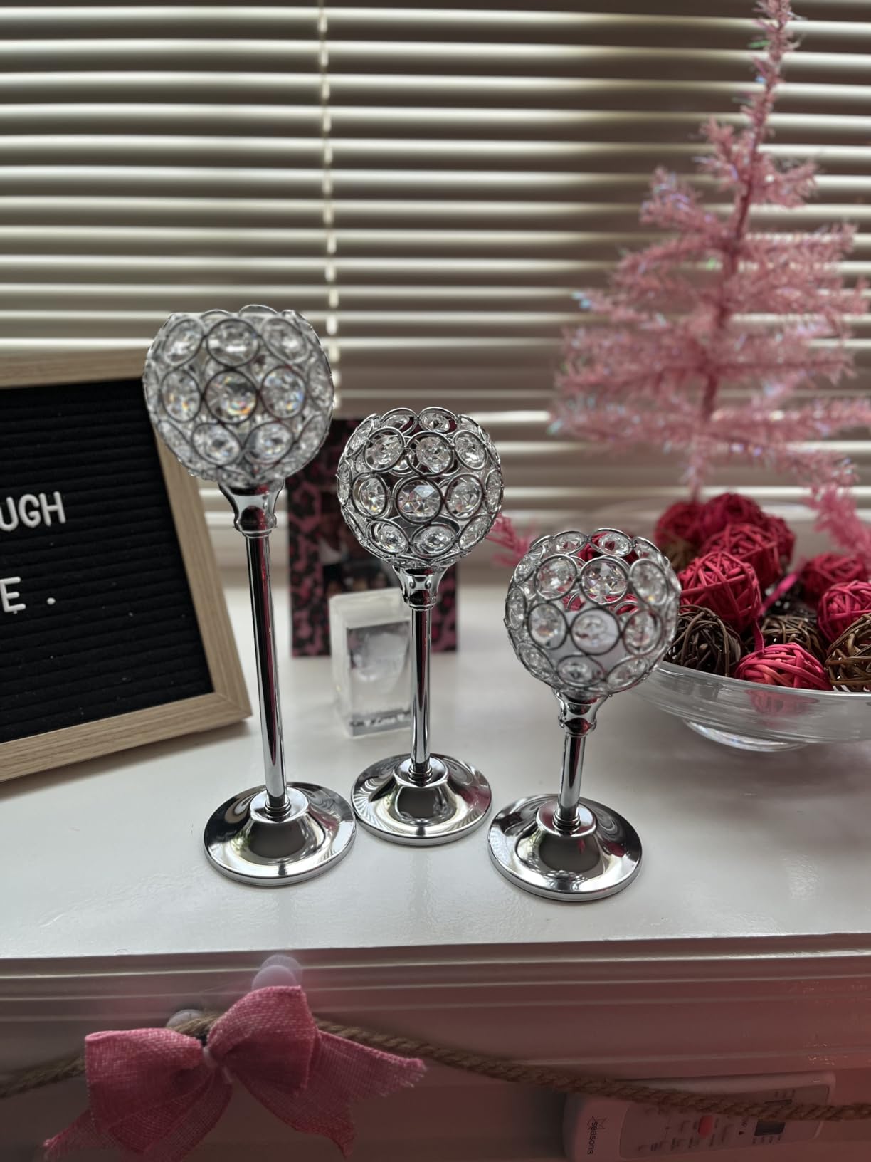 Set of 3 Silver Crystal Metal Tealight Candlestick, Bling Bowl Candelabras, Tall Votive Candle Holders Elegant Candle Centerpiece for Dining Table Wedding Decor customer photo 2