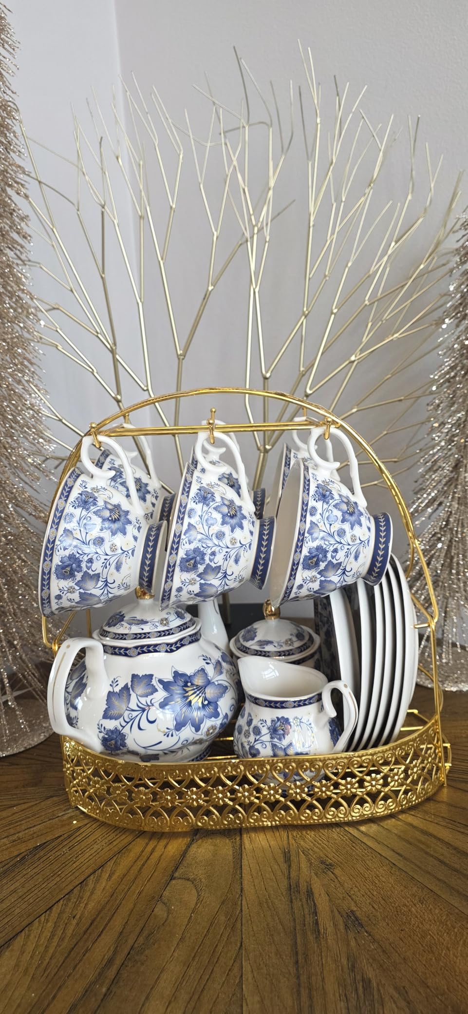 fanquare Porcelain Tea Sets,Blue British Coffee Cups& Saucer Service for 6, with Teapot,Sugar Bowl,Creamer Pitcher and Golden Metal Rack customer photo 2