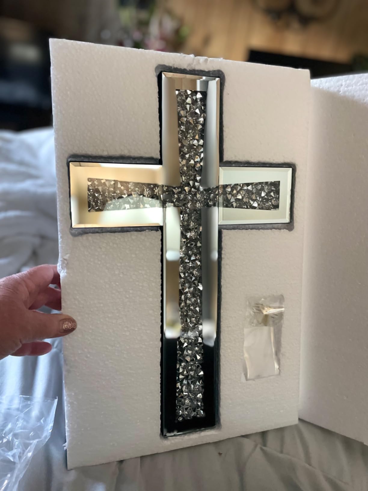 Aeveco Cross Wall Decor, Silver Mirrored Cross for Living Room, Crystal Crush Diamond Mirror Crosses, Religious Wall Art, Home Decor customer photo 1