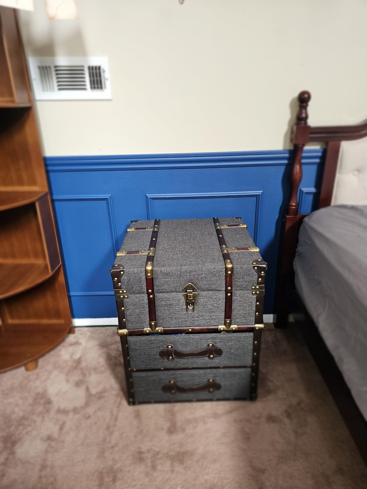 Aoikax Vintage Storage Chest with Buckle Hinged Top, Linen Accent End Side Table for Living Room, Office, Bedroom, Rectangle, Grey customer photo 2