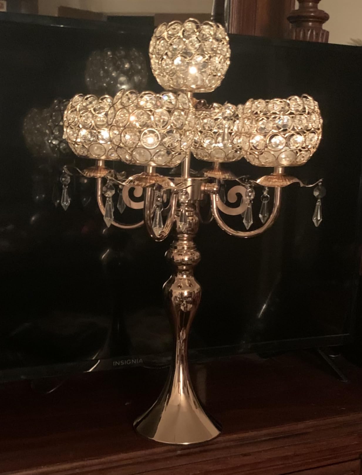 Silver 5 Arms 22.5 Inch Crystal Exquisite Candle Holder with Pendant, Elegant Table Decoration Home Decor for Restaurant Party Birthday Wedding Date customer photo 2