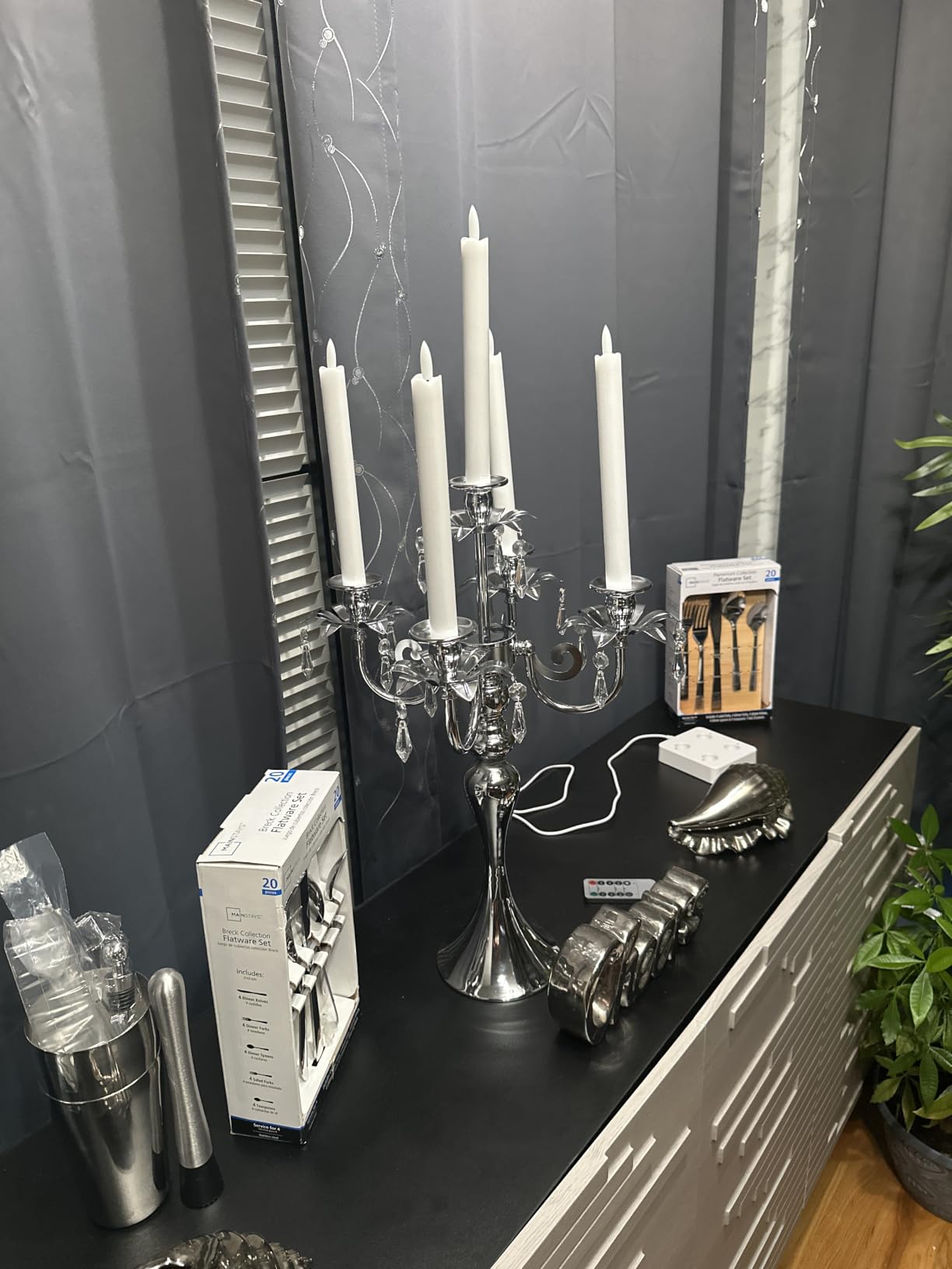 2 Pcs 20.3'' Tall 5 Arm Silver Candelabra Centerpiece for Table, Metal Crdystal Candle Holder, Retro Candlestick Table Centerpieces for Party, Events, Home, Wedding Decor (2, Silver) customer photo 2