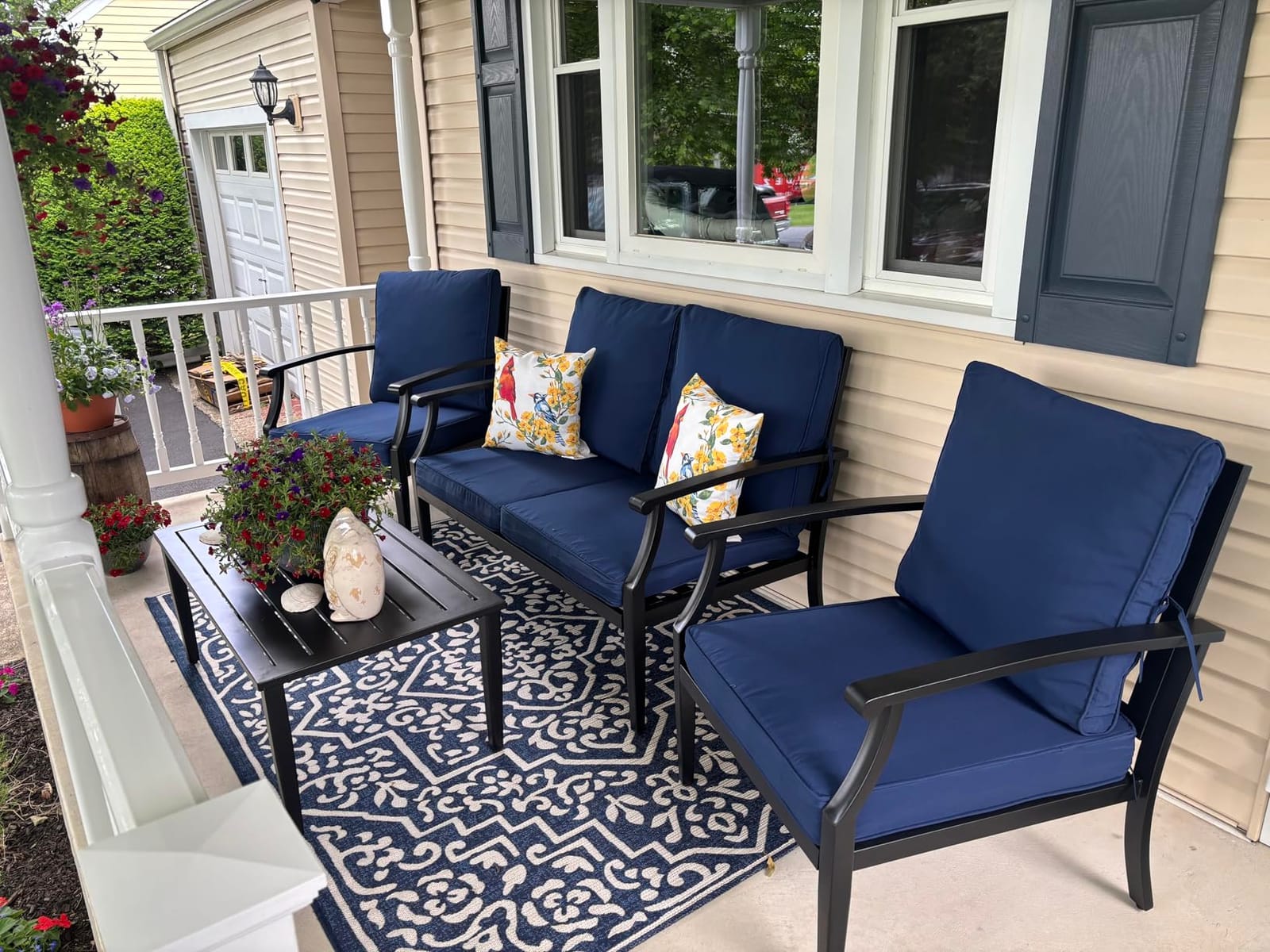 4 Piece Outdoor Patio Furniture Set, Oversized Metal Conversation Set with High Back & Deep Seating, Water-Repellent Cushions, Coffee Table for Porch, Deck, Backyard, Navy customer photo 1