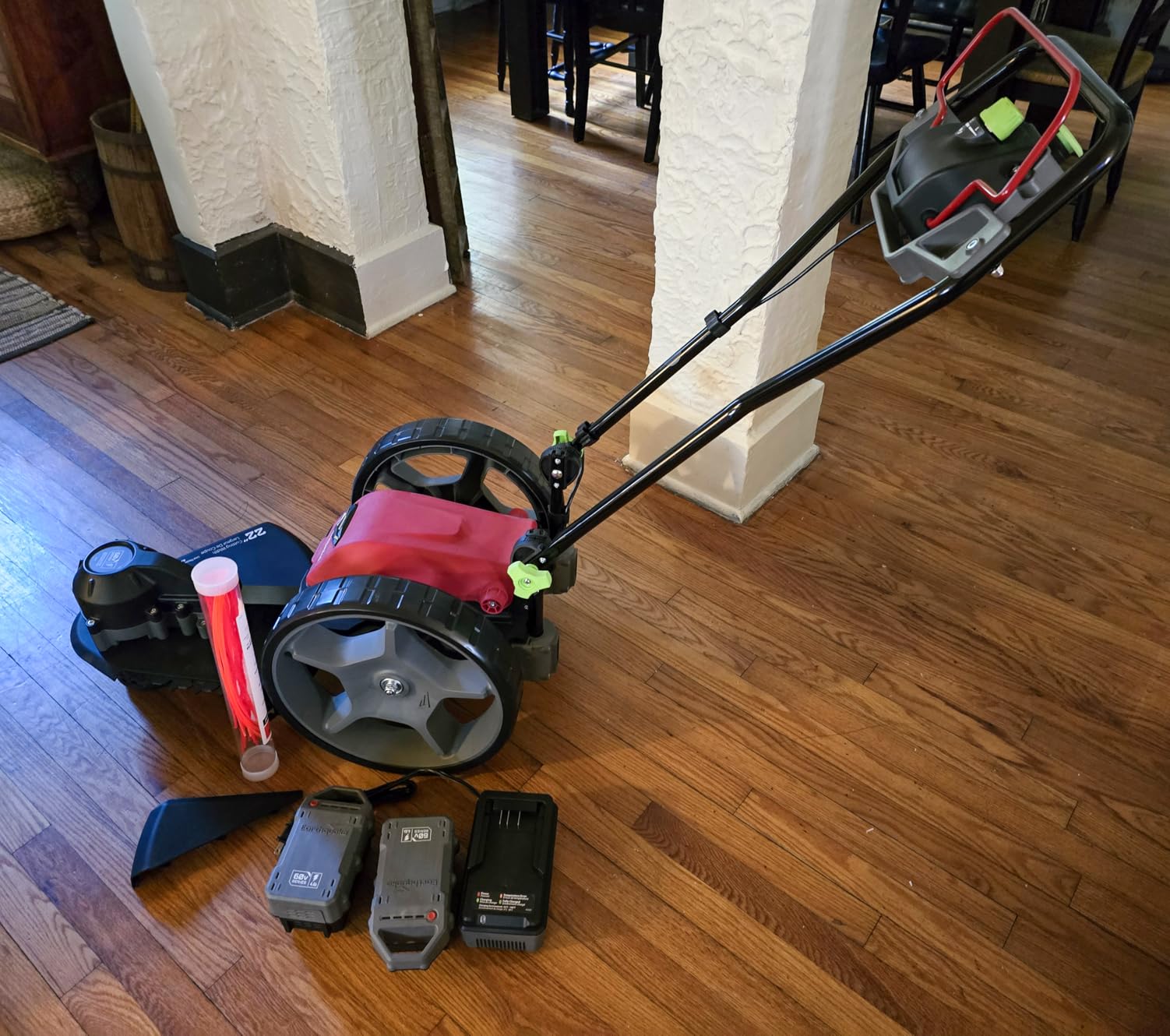 Earthquake 60V Walk Behind String Mower, Includes Two 4Ah Batteries, 22” Cutting Diameter, Three Cutting Speed Dial, 14” Never-Go-Flat Wheels, Easy Assembly, Adjustable Handlebar, Model #44965 customer photo 1