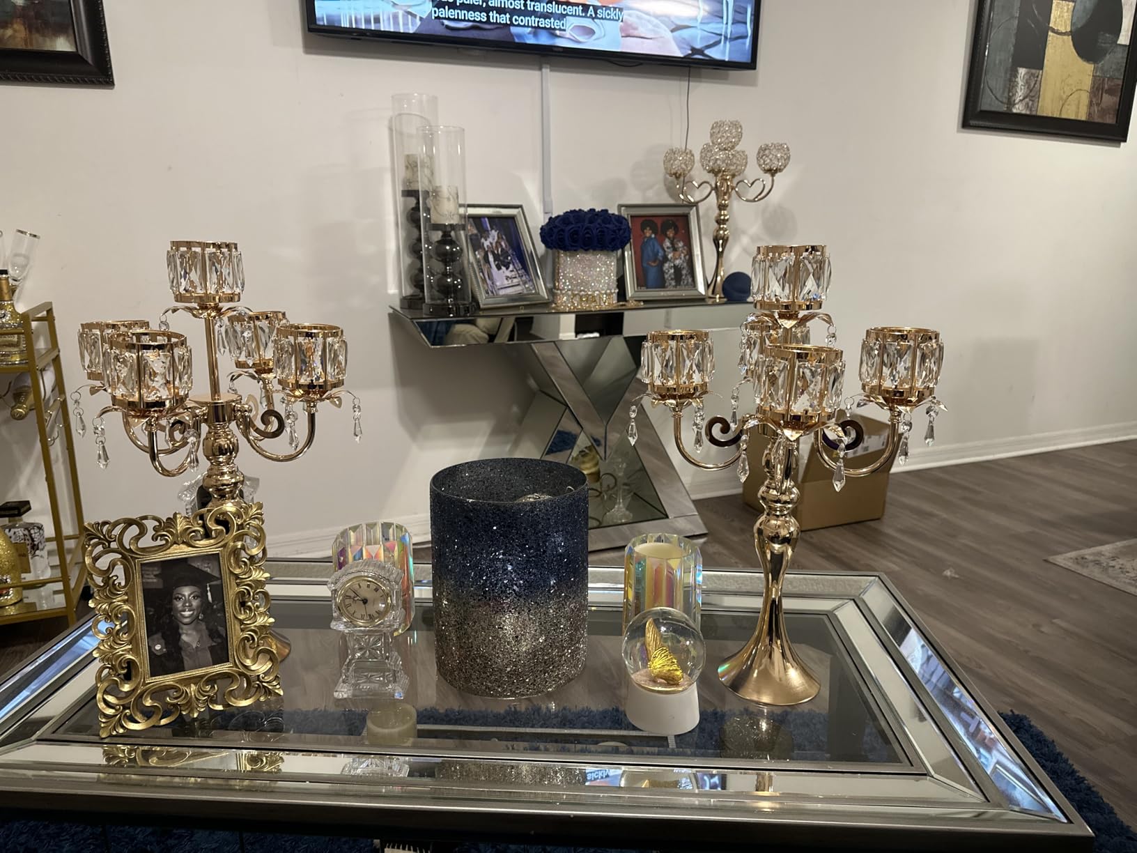Candelabra Candle Holders, Elegant Bling Centerpiece with Pendant Crystal Table Decorations 5 Arms Candlesticks for Dining Room,22 Inches Tall (4, Silver) customer photo 1