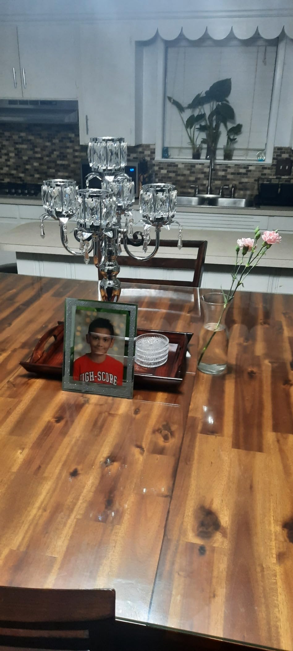 Candelabra Candle Holders, Elegant Bling Centerpiece with Pendant Crystal Table Decorations 5 Arms Candlesticks for Dining Room,22 Inches Tall (4, Silver) customer photo 2