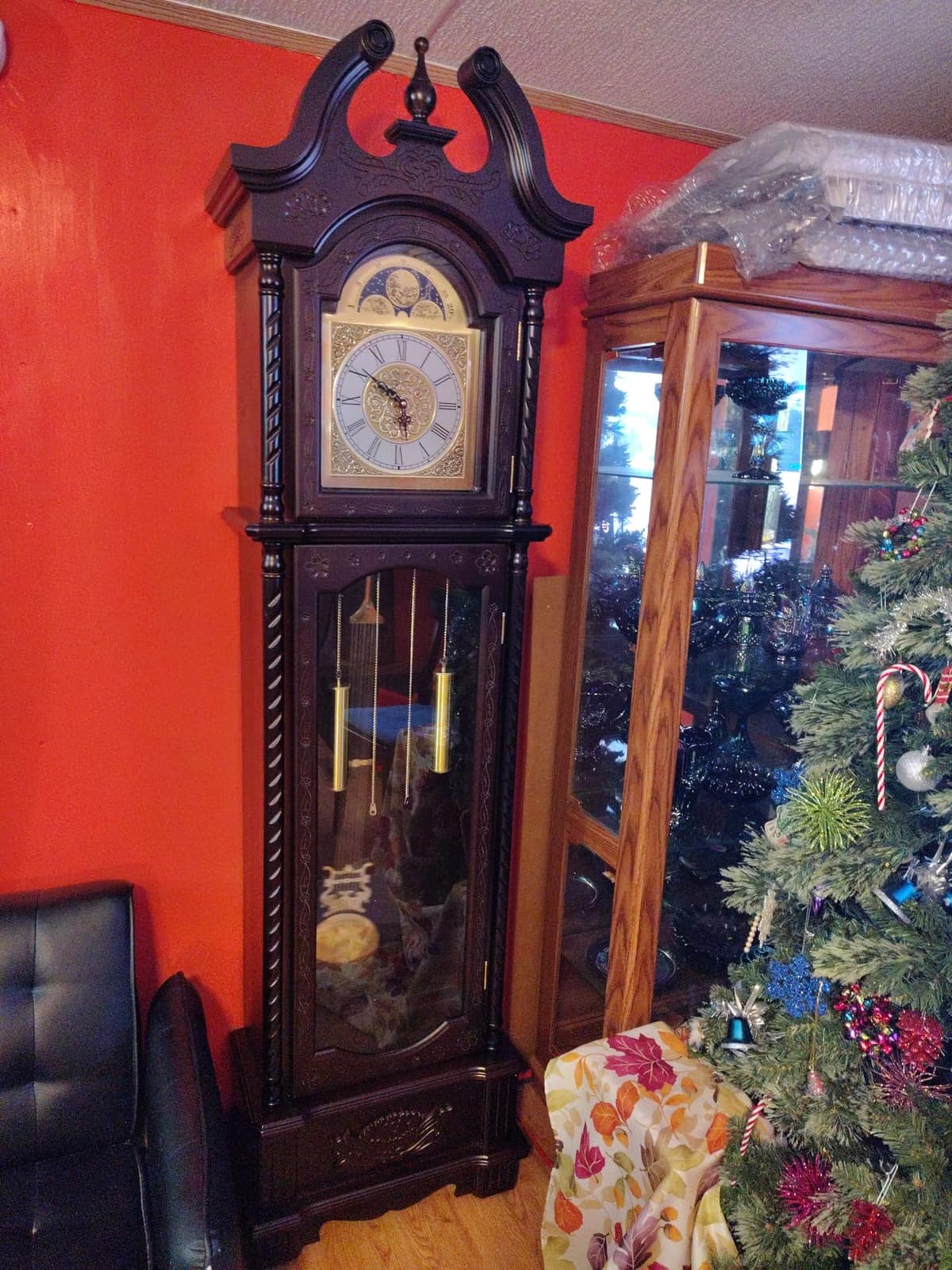 81.5'' Floor Standing Grandfather Floor Clock in a Walnut Finish, Glass Door, Metal Lyre Pendulum, Westminster Chime, Battery Powered, 81.5