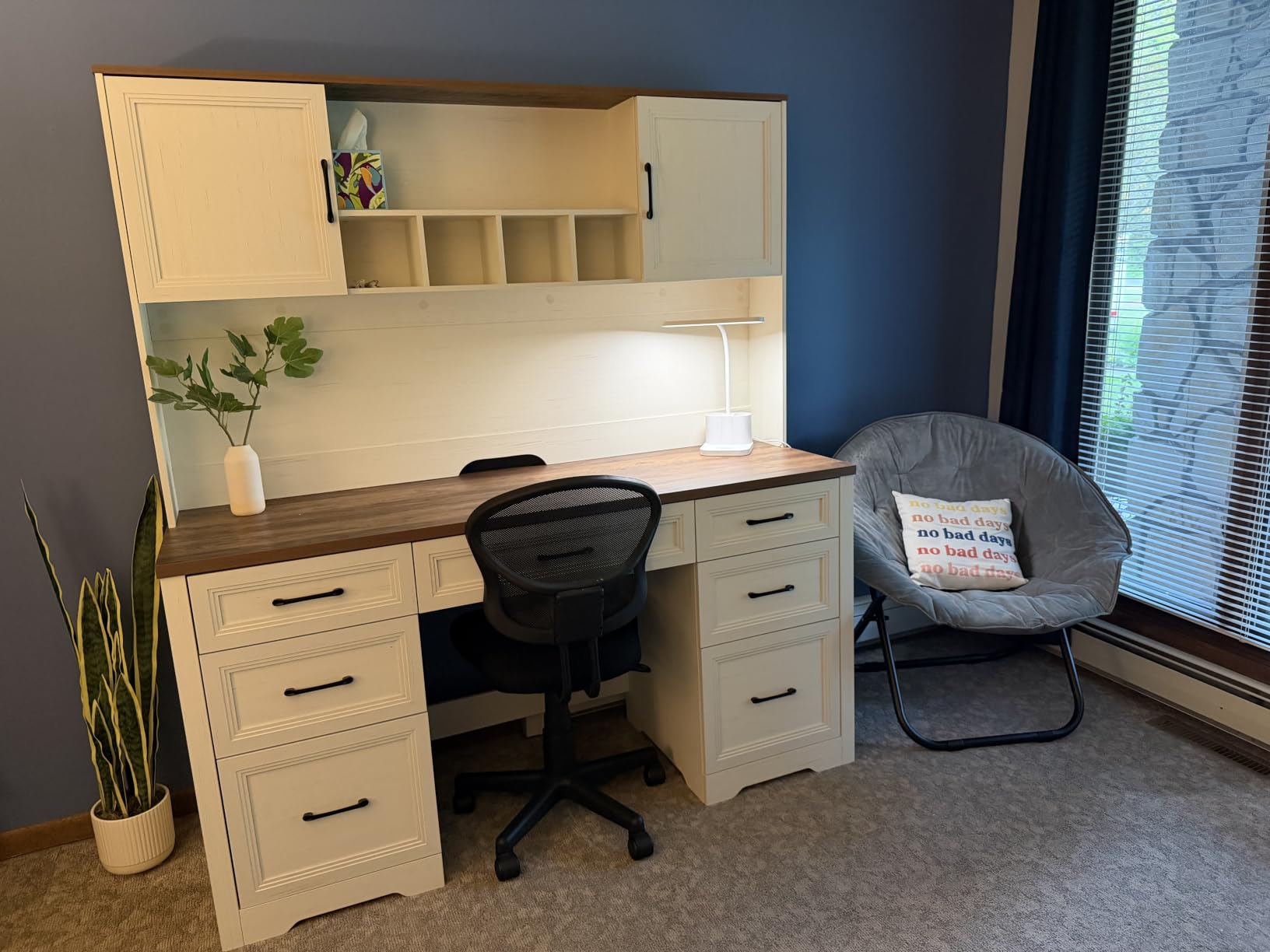 Vabches Farmhouse Executive Desk with 7 Drawers and Storage Cabinet, Rustic Large Home Writing Desk with Hutch, Workstation for Bedroom, White customer photo 1