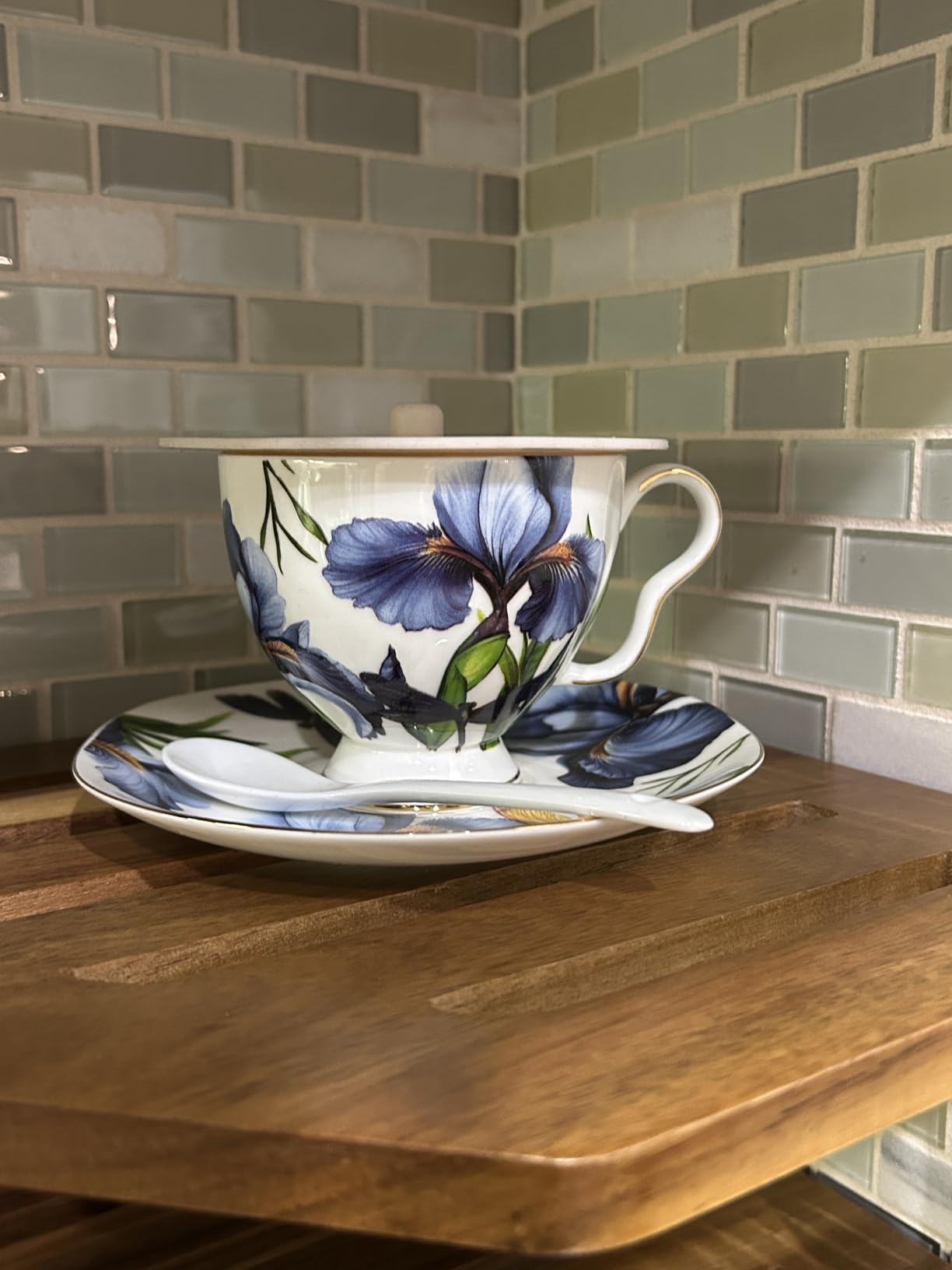 Bone China Tea Cup and Saucer Set with Spoon, 7 oz Blue Iris Gold Trim customer photo 1