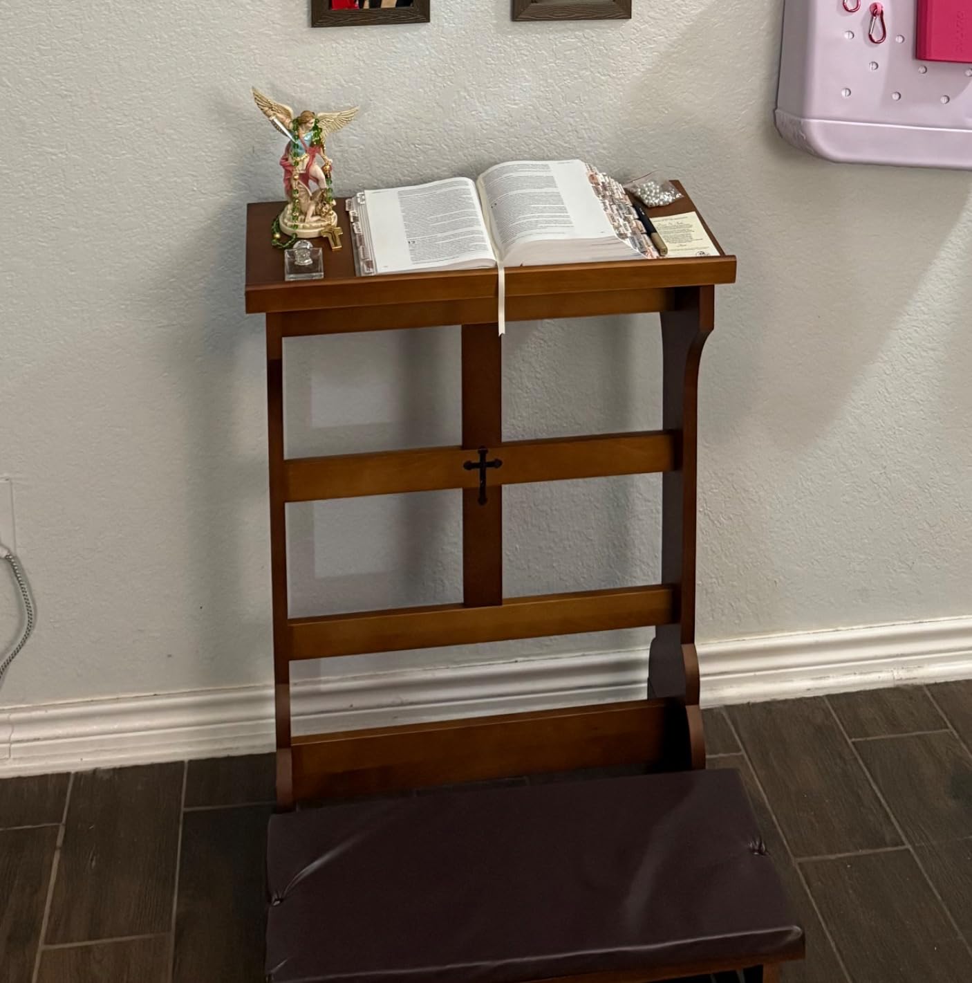 DoubleFill Solid Wood Prayer Bench Stool with Shelf and Cushion Church Prayer Bench Table Chair Padded Kneeler for Kneeling at Home, Religious Gifts, 23 x 20 x 32 Inches (Rustic) customer photo 1