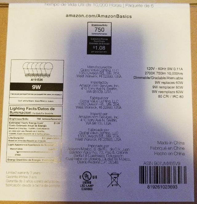 Amazon Basics A19 LED Light Bulbs, 60 Watt Equivalent, Energy Efficient 9W, E26 Standard Base, Soft White 2700K, Dimmable, 10,000 Hour Lifetime , 6-Pack customer photo 2