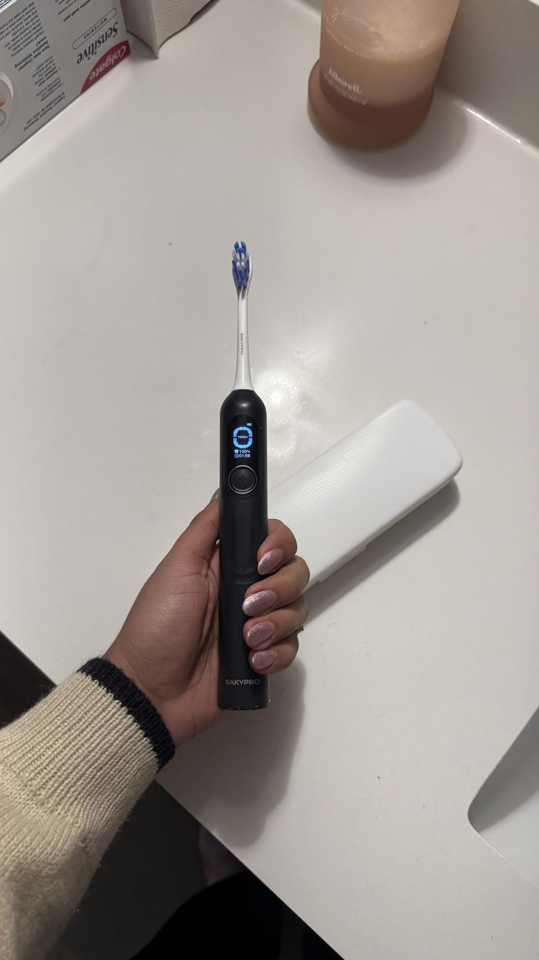 SAKYPRORAL Kids Electric Toothbrush for Teens Tween (6-15Y), Smart AI Screen with Brushing Score, Soft Bristles, Visual Timer for Braces, 150 Days Battery with Travel Case (Blue) customer photo 1