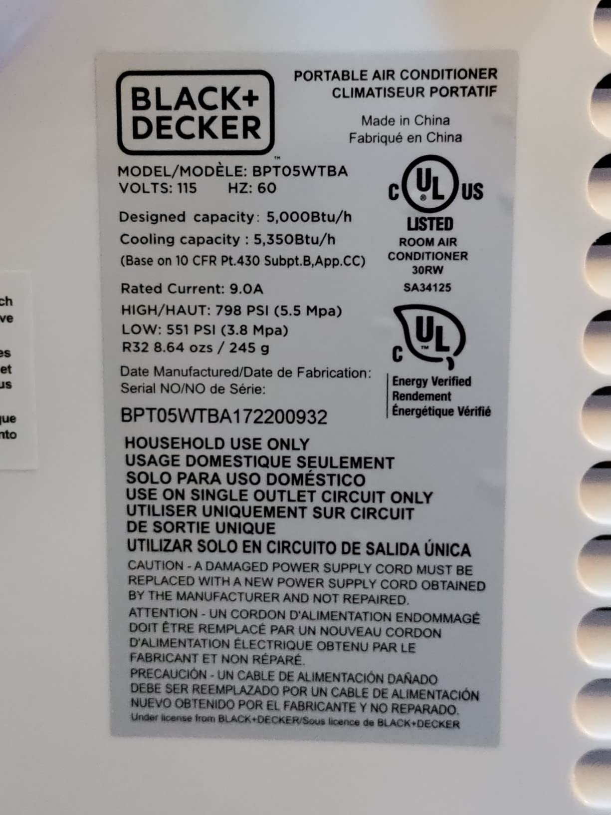 BLACK+DECKER Portable Air Conditioner, 7,500 BTU, BPT05WTB, White customer photo 2
