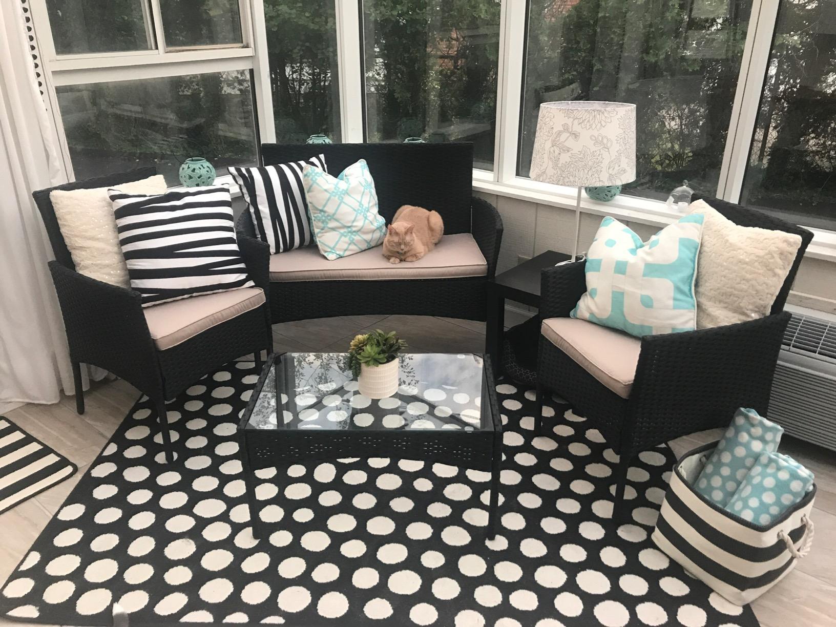 3PCS Patio Bar Set Outdoor Furniture Set Wicker Bistro Set with Two Stools for Patio Backyard Balcony,Blue Cushion customer photo 1