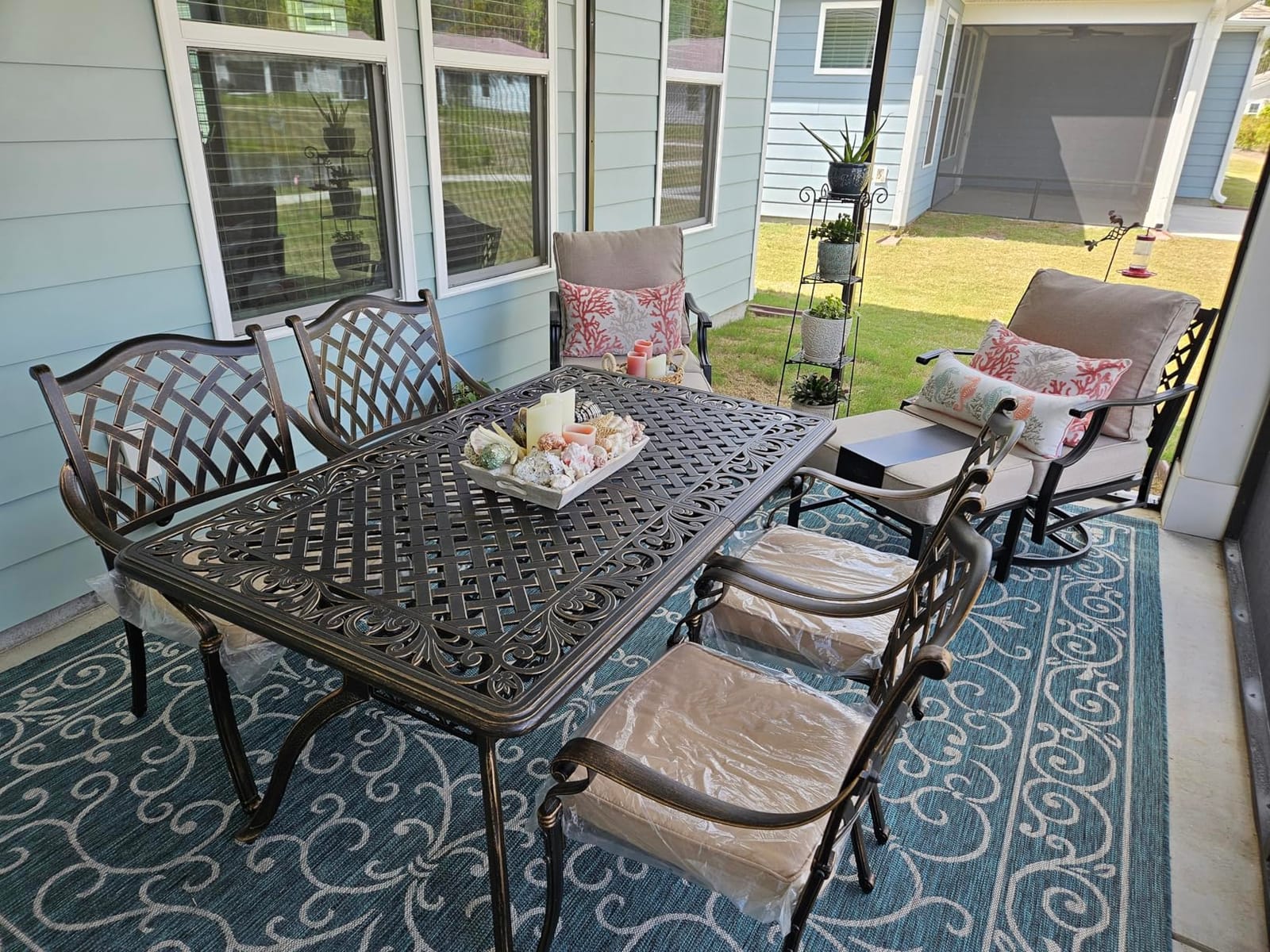 𝗔𝗶𝗹𝗶𝘀𝗺𝗮𝗶𝗹 7 Piece Outdoor Dining Set Cast Aluminum Retro Patio Dining Set for 6 includes 59” Rectangular Table and 6 Chairs with Thicker Cushions and Umbrella Hole for Patio Deck Garden customer photo 1