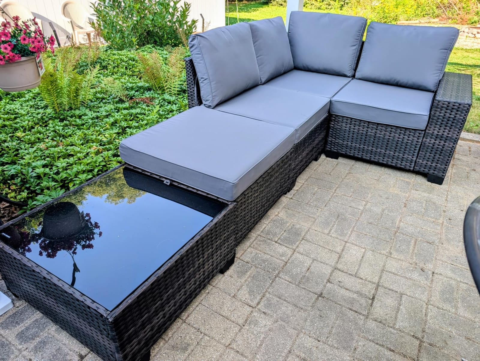 JOYURE 5 Pieces Patio Furniture Set All-Weather Outdoor Wicker Sectional Conversation Sofa Rattan Patio Seating Sofa with Cushion and Glass Table and Ottoman for Porch Poolside,Peacock Blue customer photo 1
