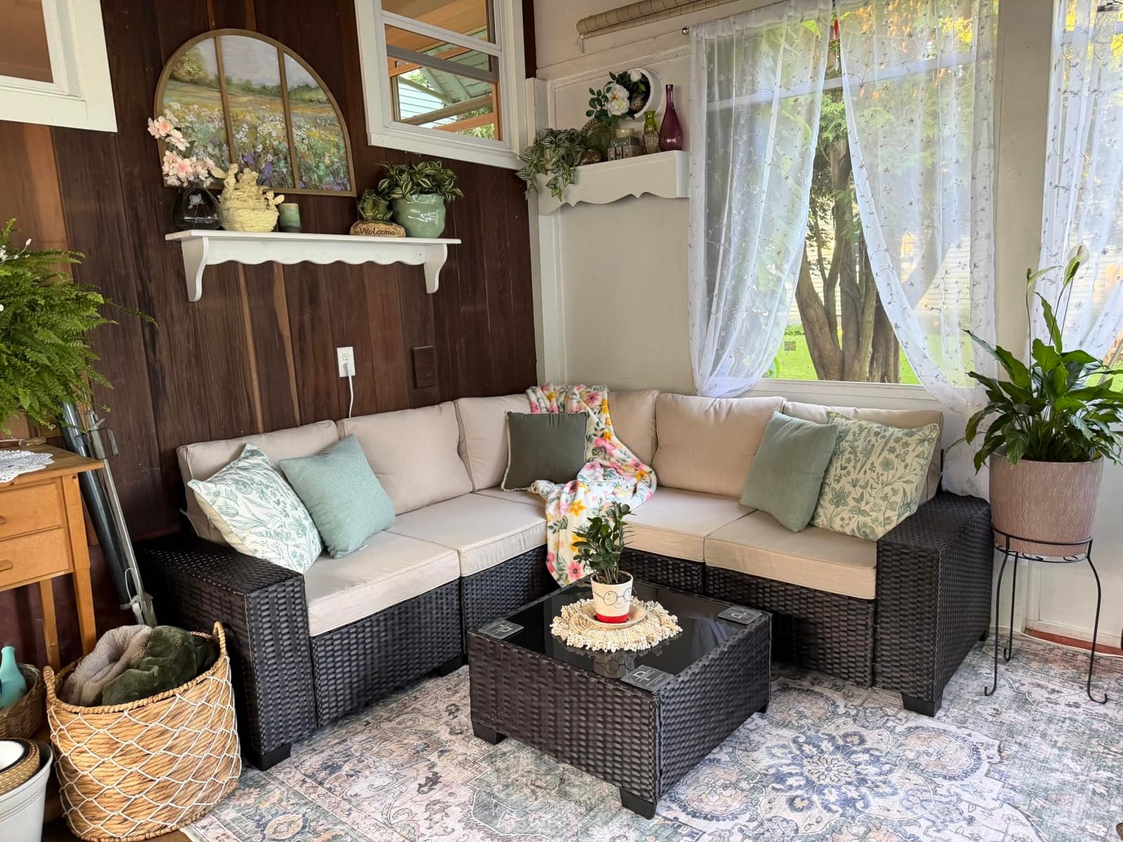 JOYURE 5 Pieces Patio Furniture Set All-Weather Outdoor Wicker Sectional Conversation Sofa Rattan Patio Seating Sofa with Cushion and Glass Table and Ottoman for Porch Poolside,Peacock Blue customer photo 2
