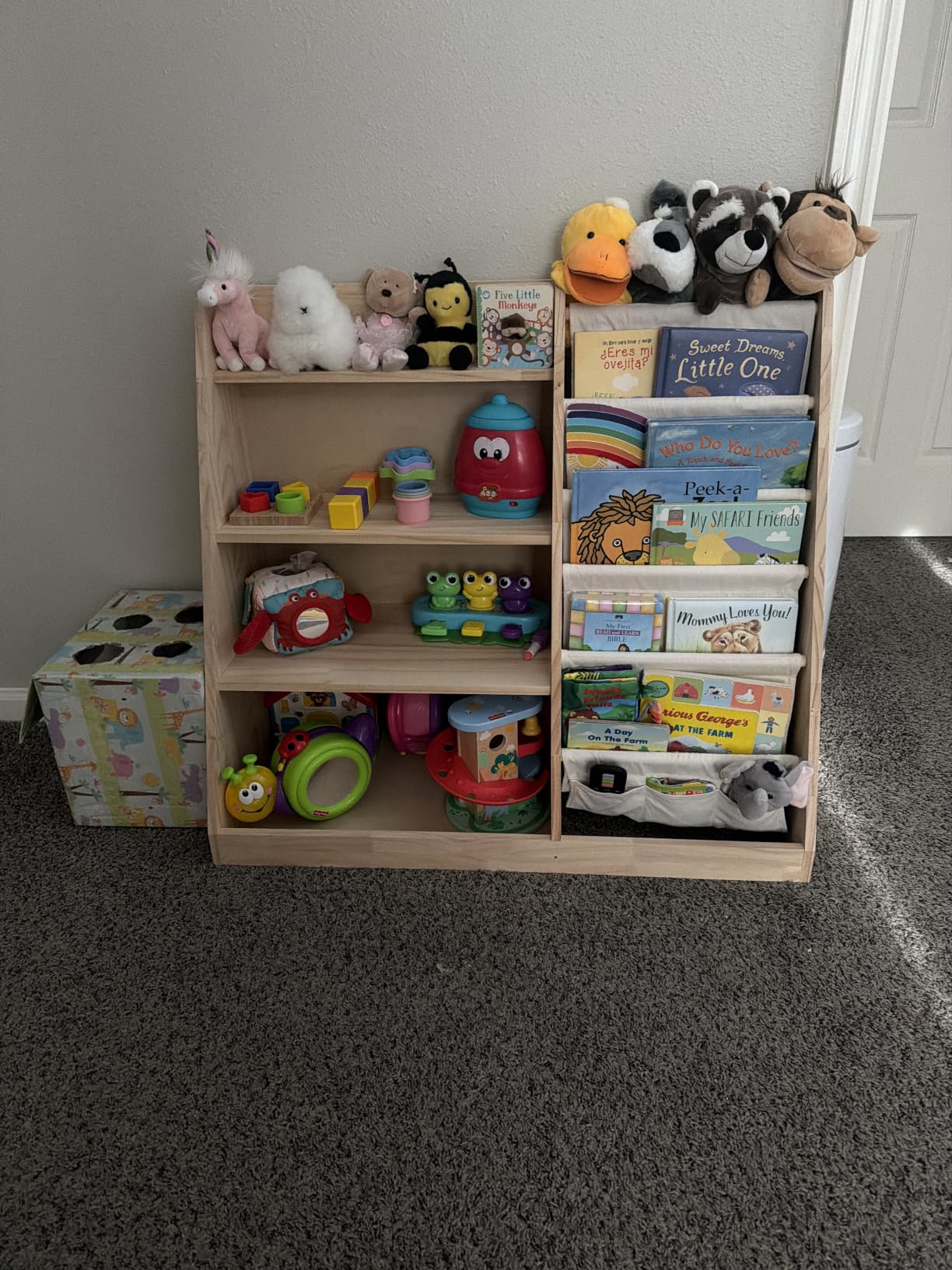 EXPERLAM Kids Bookshelf and Toy Storage Organizer, 4 Tier Wooden Kids Book Shelf with Sling Book Rack in Kids Room Playroom Nursery for Kids, Children, Toddlers customer photo 1