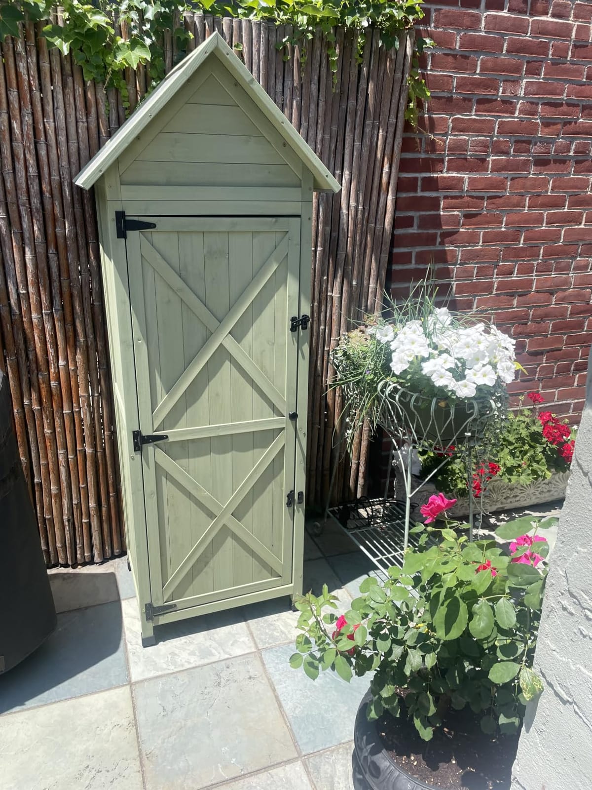 Wooden Outdoor Storage Cabinet, Vertical Garden Tool Shed with Waterproof Metal Roof & 2 Adjustable Shelves Ideal for Yard, Patio, Deck and Porch (Green, 20