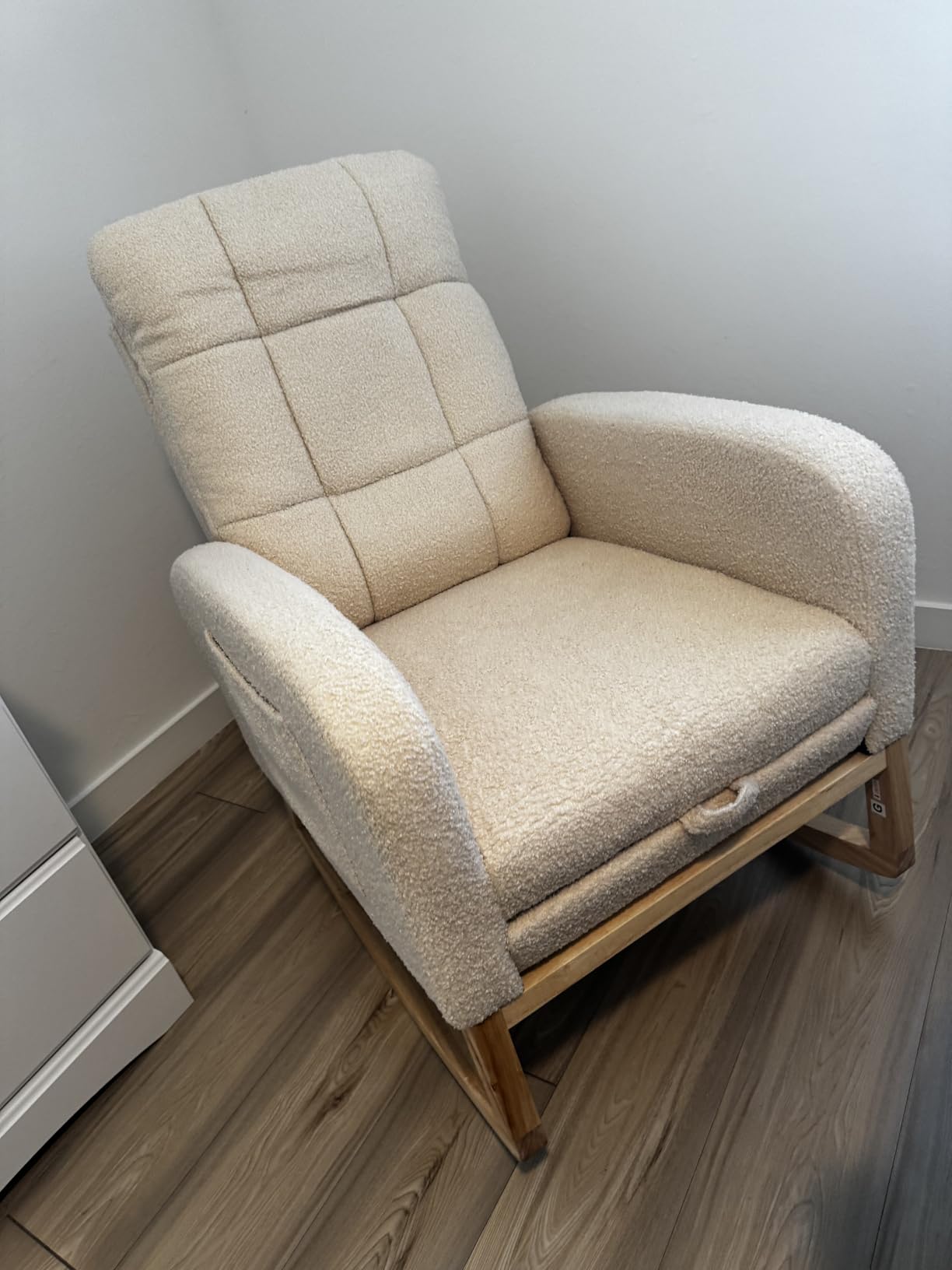 NIOIIKIT Modern Nursery Rocking Chair, Teddy Upholstered Rocking Chair with Footrest, Comfortable Rocker Glider with Side Pocket, Rocker Glider for Living Room, Bedroom, Nursing Room (Beige) customer photo 1