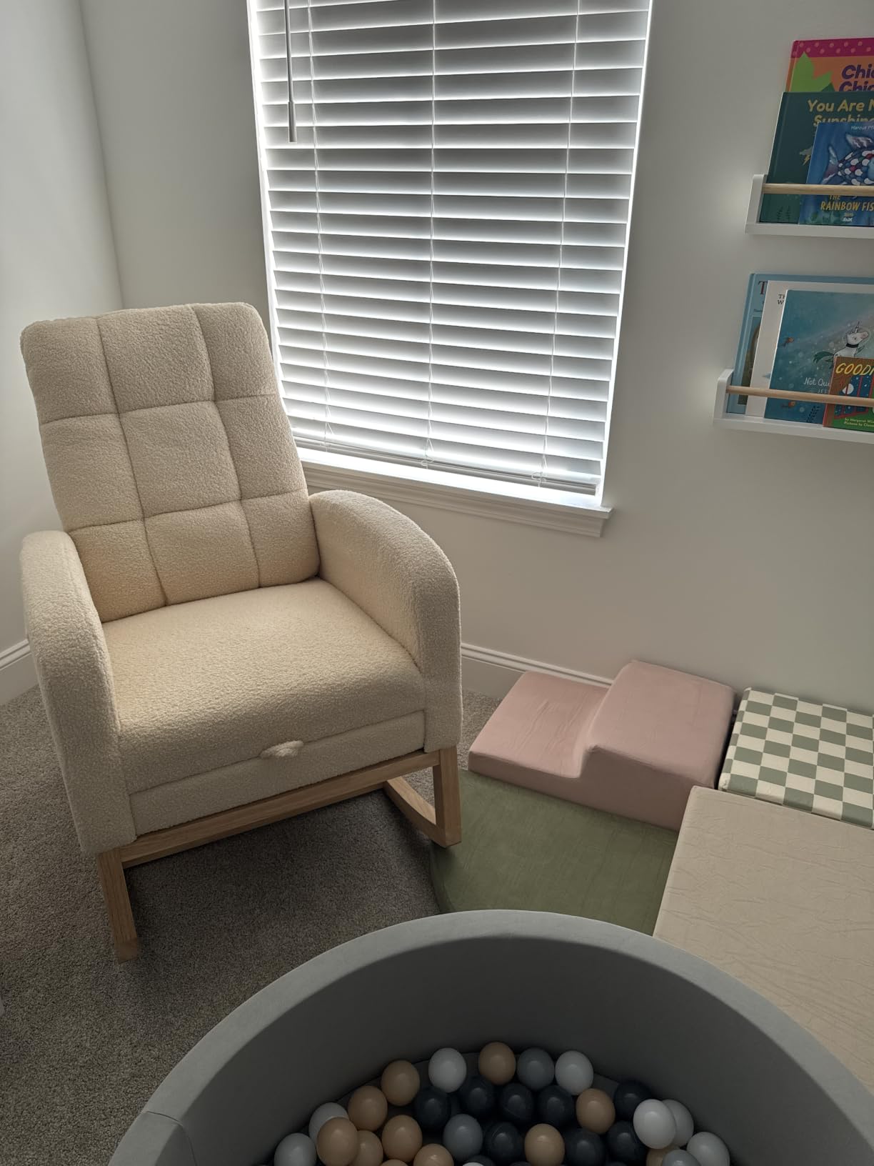 NIOIIKIT Modern Nursery Rocking Chair, Teddy Upholstered Rocking Chair with Footrest, Comfortable Rocker Glider with Side Pocket, Rocker Glider for Living Room, Bedroom, Nursing Room (Beige) customer photo 2