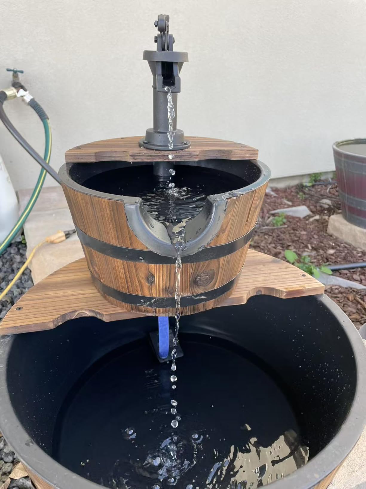 Aoxun 2-Tier Outdoor Water Fountain, Wood Barrel Cascading with Electric Decorative Hand Pump, Rustic Waterfall Fountain for Garden, Backyard, Patio, Porch, Yard customer photo 1