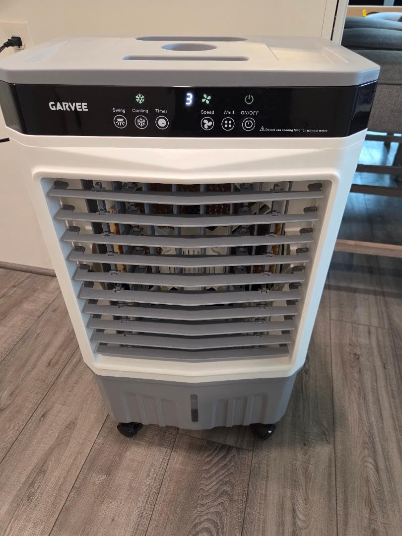 Garvee Evaporative Air Cooler, 10L (2.6Gal) Portable Cooler Fan with TOUCH SCREEN & Remote Control, 3 Speeds & 3 Modes, LED Display, Ice Packs & Casters Included, for Bedroom, Office, Home customer photo 1