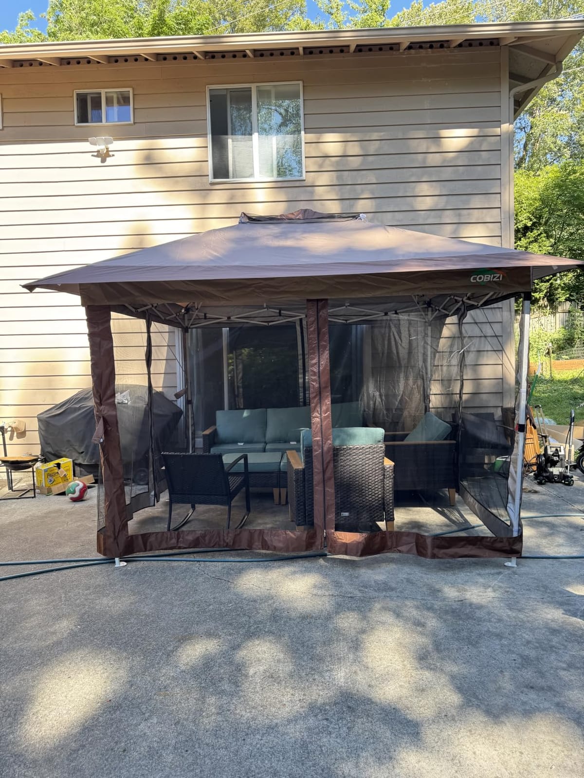 COBIZI 12x12 Pop Up Gazebos On Clearance - Upgrade Easy Up Metal Outdoor Gazebo Waterproof - Portable Gazebo with Mosquito Nettings, 4 Ropes 8 Stakes and Carry Bag for Patio Garden(Coffee) customer photo 2
