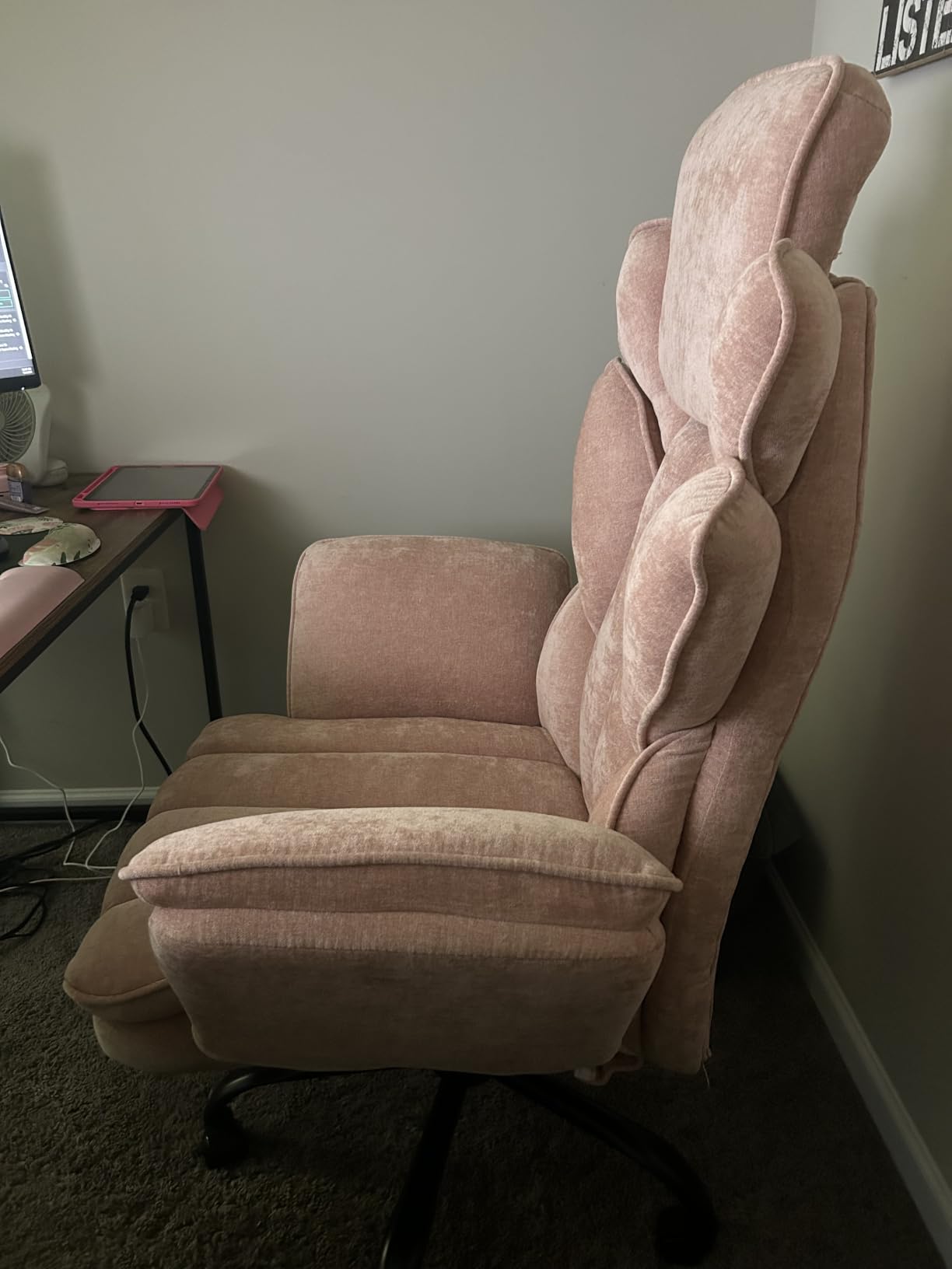 Flip Armrests Criss Cross Office Chair, Reclining Office Chair with Foot Rest, Adjustable Headrest, Massage Waist Pillow, Cross Legged Big and Tall Desk Chair Wide Seat Vanity Chair, White PU Leather customer photo 1