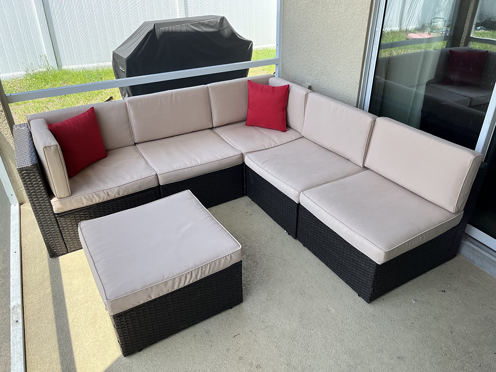 Shintenchi 5 Pieces Patio Furniture Sets Outdoor All-Weather Sectional Patio Sofa Set PE Rattan Manual Weaving Wicker Patio Conversation Set with Glass Table&Ottoman Cushion and Red Pillows, Beige customer photo 2
